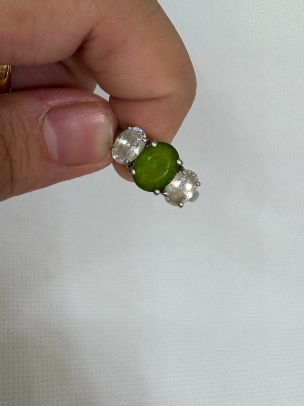 Emerald green clear circle diamond faux silver ring